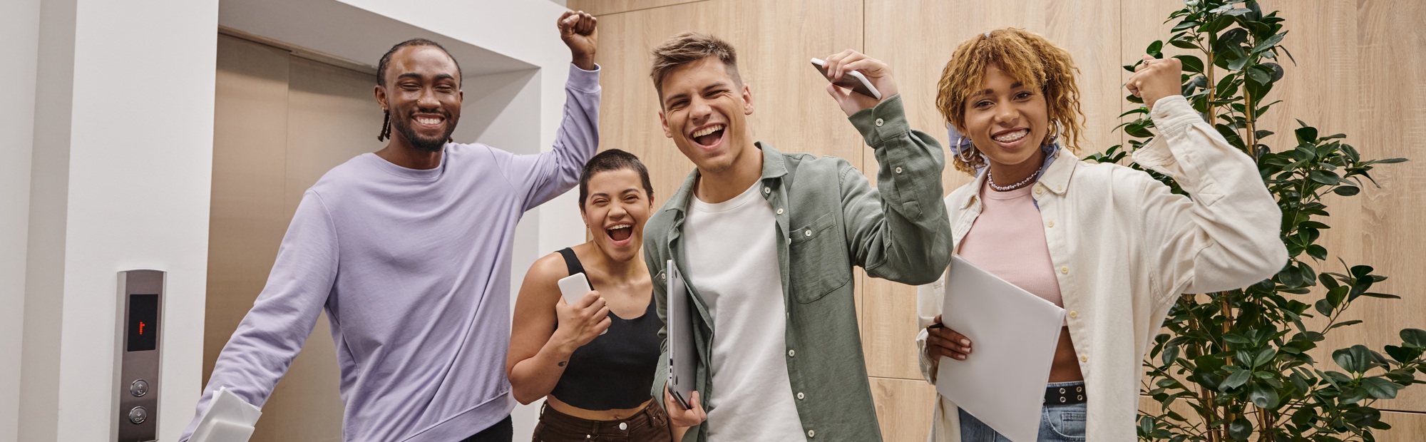 diversity, excited business people celebrating success, coworking, startup, generation z, banner